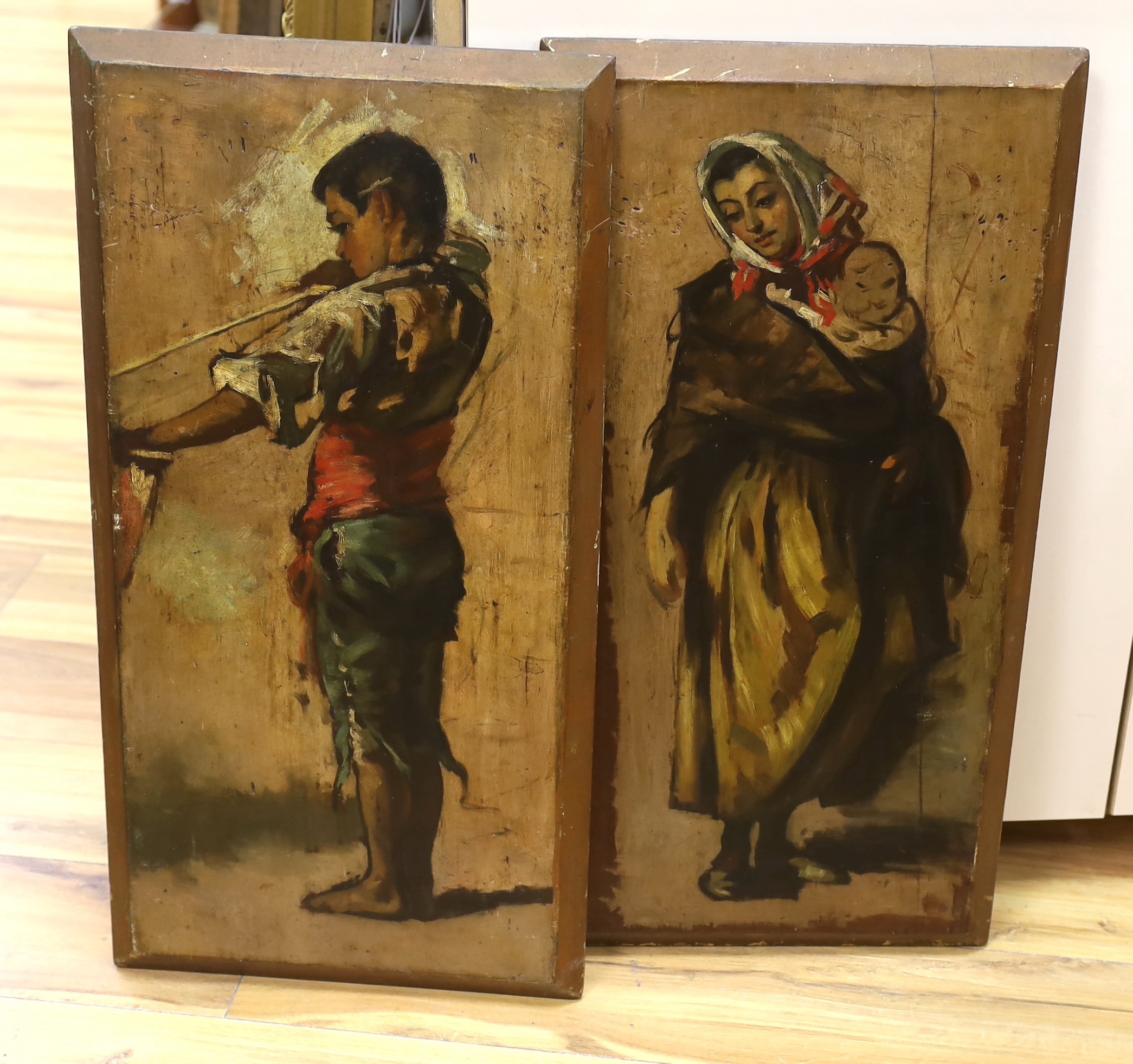 Italian School c.1900, pair of oils on panel, Italian figures, mother and child, and street musician, overall 68 x 35cm